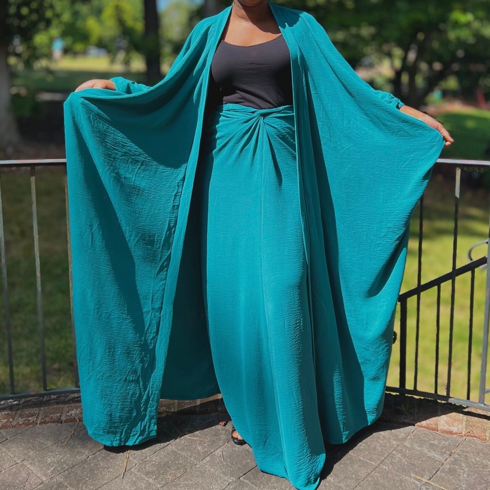 Teal Blue Two Piece Oversized Maxi Cardigan and Wrap Skirt Set